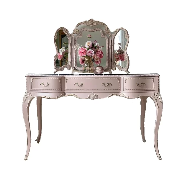 Vintage distressed pink dressing table, solid wood carved - Image 5