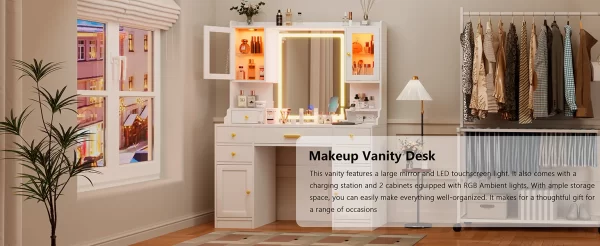 White Vanity Desk with Mirror, Lights and Charging Station - Large Makeup Table Set with RGB Cabinets and 3 LED Light Modes - Image 7