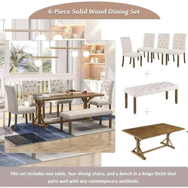 6 Piece Kitchen Dining Table Set, 72 inch Wooden Rectangular Table with 4 Upholstered Chairs and a Bench, Dining Room Table Set - Image 3