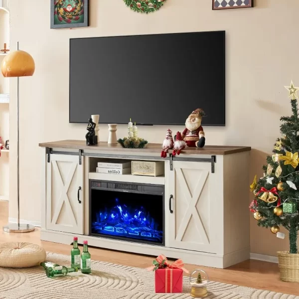 Fireplace TV Stand with Sliding Barn Door for TVs up to 73", Farmhouse 63" Fireplace Entertainment Center with Storage