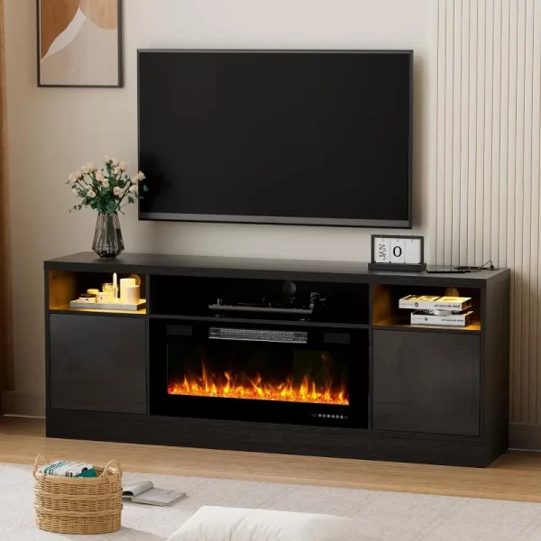 70'' TV Stand with 36'' Fireplace-LED Light Entertainment Center for 75+ inch TV-Black TV Cabinet with Storage,Modern TV Console - Image 3