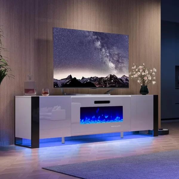 TV Stand with 36" Fireplace for TVs Up To 80", U-Shaped Legs, 70" Modern High Gloss Entertainment Center LED Lights - Image 6