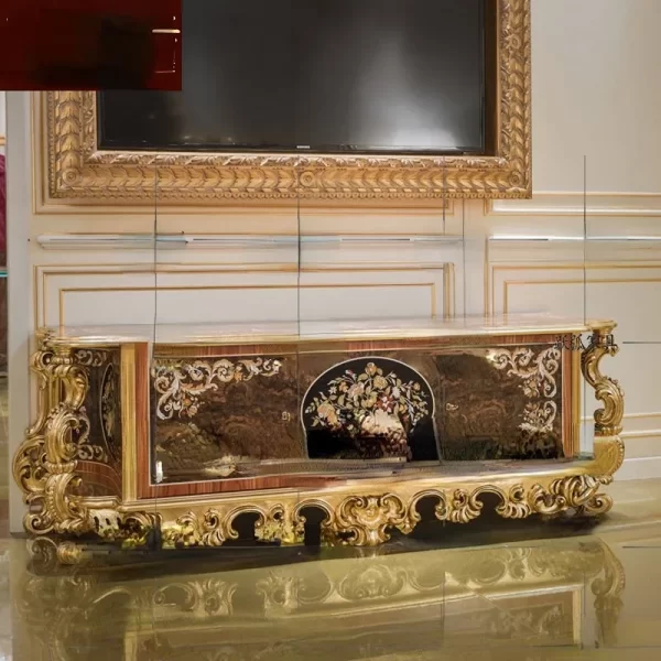 Bedroom Mosaic TV Cabinet European-Style Solid Wood Carved Gold Foil Floor Cabinet Living Room Display Cabinet - Image 5