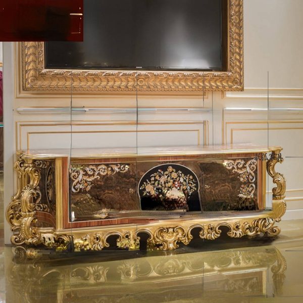 Bedroom Mosaic TV Cabinet European-Style Solid Wood Carved Gold Foil Floor Cabinet Living Room Display Cabinet - Image 11