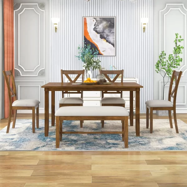 Dining Table Set for 6, Wood Rectangular Dining Table and 4 Fabric Chairs & Bench, 6-Piece Kitchen Table Set for Dining Room - Image 3