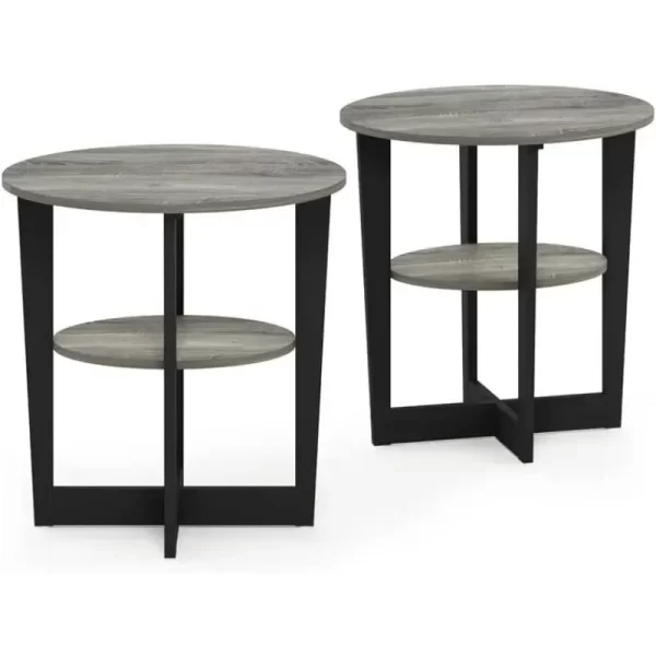 Oval End Side Night Stand/Bedside Table, 2-Pack, French Oak Grey/Black - Image 4