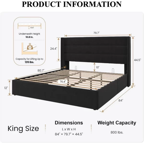 King Size Lift Up Storage Bed/Velvet Upholstered,Wingback Headboard,Upholstered Platform Bed Frame,Hydraulic Storage - Image 2