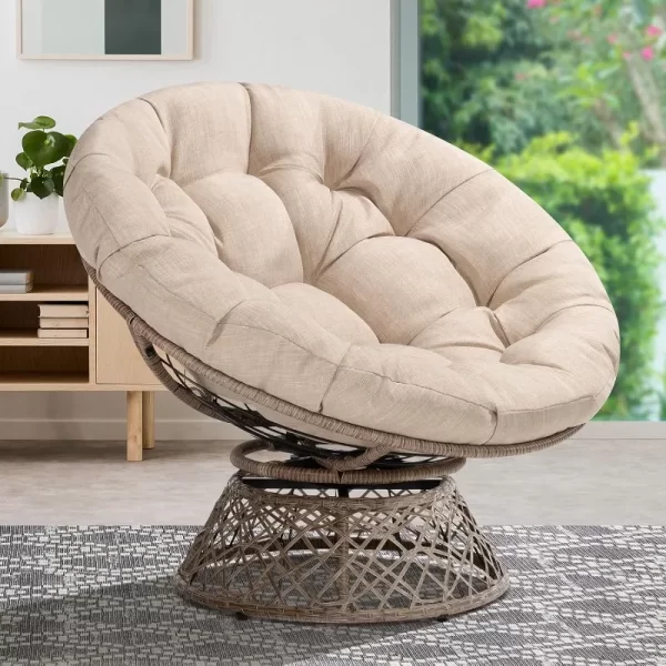 Bme 40" Ergonomic Wicker Papasan Chair with Soft Thick Density Fabric Cushion, High Capacity Steel Frame, 360 Degree Swivel