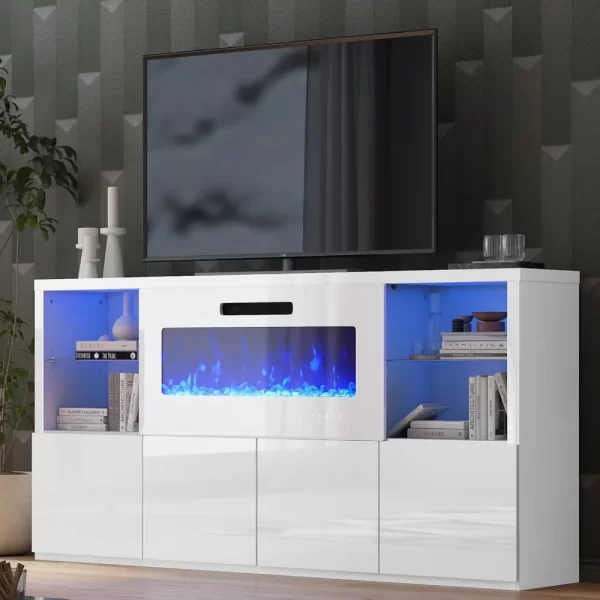 68" Fireplace TV Stand with 40" Fireplace, Modern High Gloss Entertainment Center LED Lights for TVs up to 78", Console Glass - Image 11