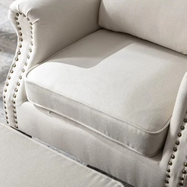 Chair with Ottoman, Armchair Comfy Linen Fabric Tufted Wingback Single Sofa with Ottoman for Bedroom Living Room, Beige - Image 3