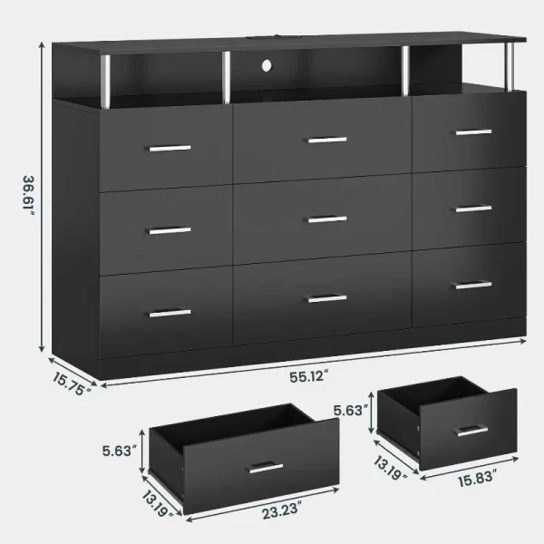 Black Dresser for Bedroom with 9 Drawers, Dressers & Chests of Drawers Column Design Charging Station - Image 2