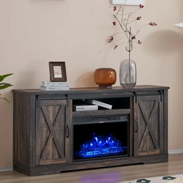 Fireplace TV Stand with Sliding Barn Door for TVs up to 73", Farmhouse 63" Fireplace Entertainment Center with Storage - Image 14