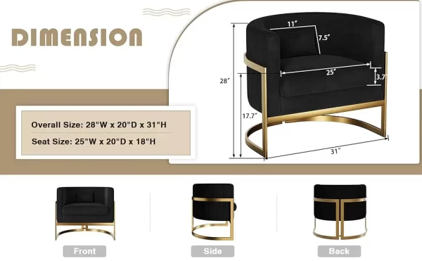 Accent Chair Gold Modern Barrel Chair Upholstered Arm Chairs for Bedroom Living Room Sofa Chair Club Chairs Black - Image 12