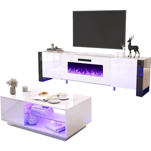 3 Piece Living Room Table Sets, 70" Modern High Gloss TV Stand LED Lights, 36" Electric Fireplace, 40" Coffee Tables for Living - Image 6