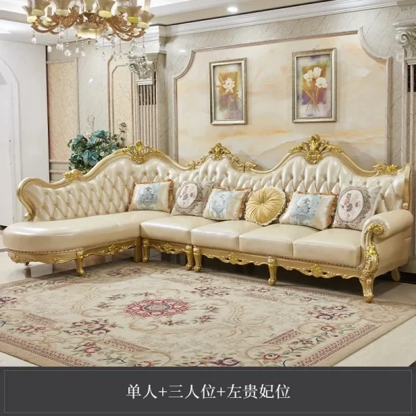 European leather corner sofa combination solid wood luxury living room noble gold first layer cowhide villa set furniture - Image 7