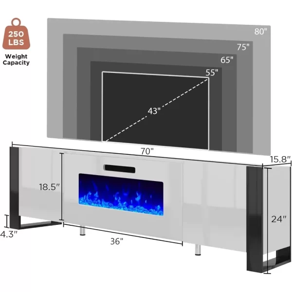 TV Stand with 36" Fireplace for TVs Up To 80", U-Shaped Legs, 70" Modern High Gloss Entertainment Center LED Lights - Image 2