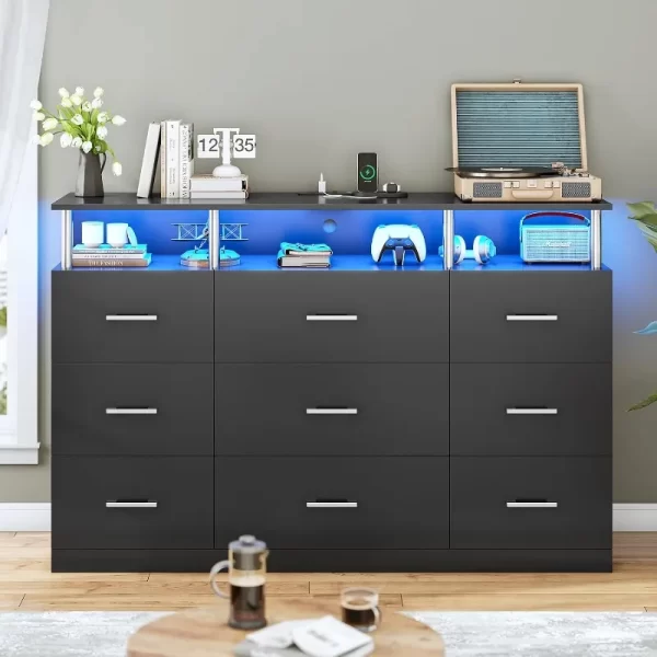 Black Dresser for Bedroom with 9 Drawers, Dressers & Chests of Drawers Column Design Charging Station