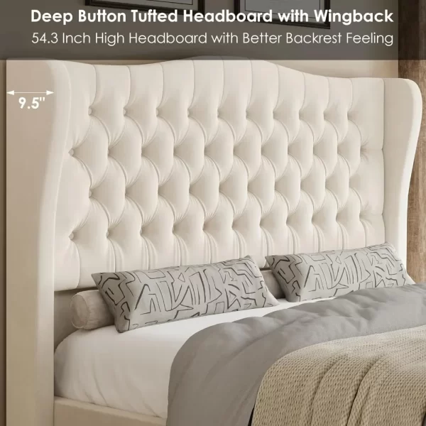 Bed Frame with Velvet Upholstered Deep Button Tufted Wingback Headboard and Footboard, No Box Spring Needed, Bed Frame - Image 3