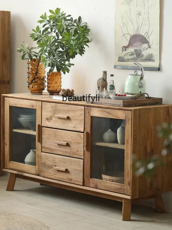 Log glass double door three bucket cabinet living room locker American country pine cabinet - Image 3