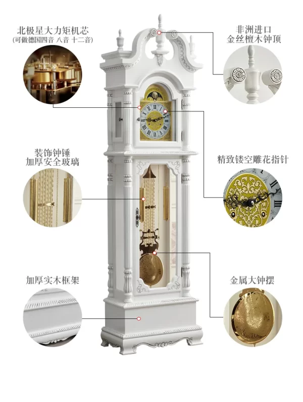 Retro the Grandfather Clock Living Room Solid Wood Vertical Bell Mechanical Villa Pendulum Clock White Clock - Image 11