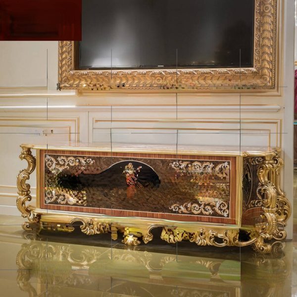 Bedroom Mosaic TV Cabinet European-Style Solid Wood Carved Gold Foil Floor Cabinet Living Room Display Cabinet - Image 7