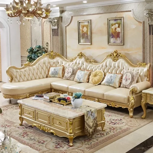 European leather corner sofa combination solid wood luxury living room noble gold first layer cowhide villa set furniture - Image 4