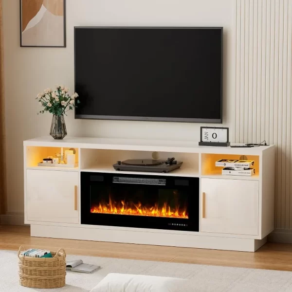 70'' TV Stand with 36'' Fireplace-LED Light Entertainment Center for 75+ inch TV-Black TV Cabinet with Storage,Modern TV Console - Image 5