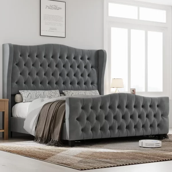 Bed Frame with Velvet Upholstered Deep Button Tufted Wingback Headboard and Footboard, No Box Spring Needed, Bed Frame - Image 7