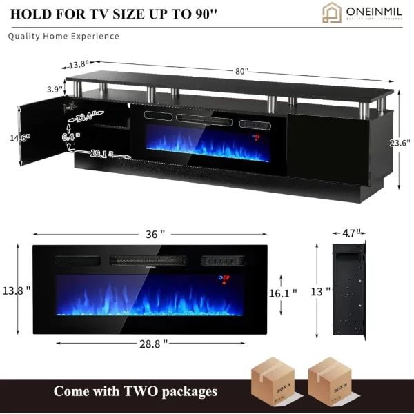 TV Stands, 36” Electric Fireplace, 2 Tier Console Stand for Up To 70", TV Stands - Image 2