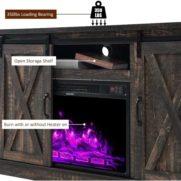 Fireplace TV Stand with Sliding Barn Door for TVs up to 73", Farmhouse 63" Fireplace Entertainment Center with Storage - Image 15