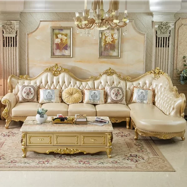 European leather corner sofa combination solid wood luxury living room noble gold first layer cowhide villa set furniture