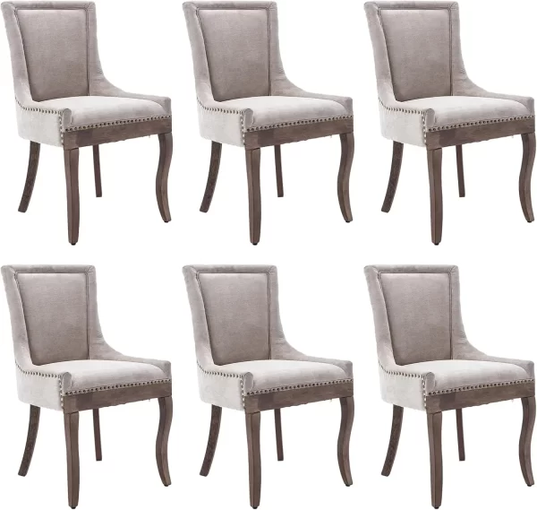 Fabric Vintage Upholstered Side Chairs Set of 6 Farmhouse Solid Wood Kitchen Dining Room Chairs Nail Heads Legs Fabric Beige