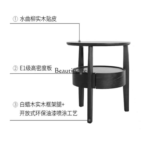 Medieval solid wood round bedside table Nordic movable living room household coffee table - Image 5