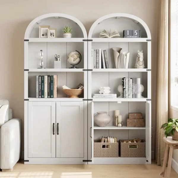 Bookcase with Doors Arched Bookshelf 71.65in Tall Farmhouse Cabinet Shelves Wooden Bookshelves for Home Office, Living Room - Image 4