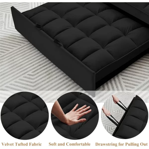 Convertible Sleeper Sofa Bed, Velvet Tufted Loveseat Couch with Pull Out Bed with 2 Pillows, Living Room Sofa - Image 2