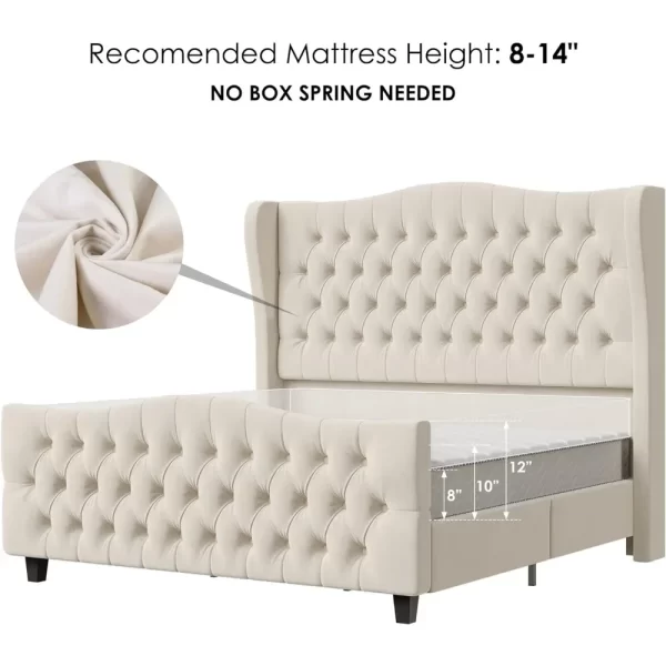 Bed Frame with Velvet Upholstered Deep Button Tufted Wingback Headboard and Footboard, No Box Spring Needed, Bed Frame - Image 6