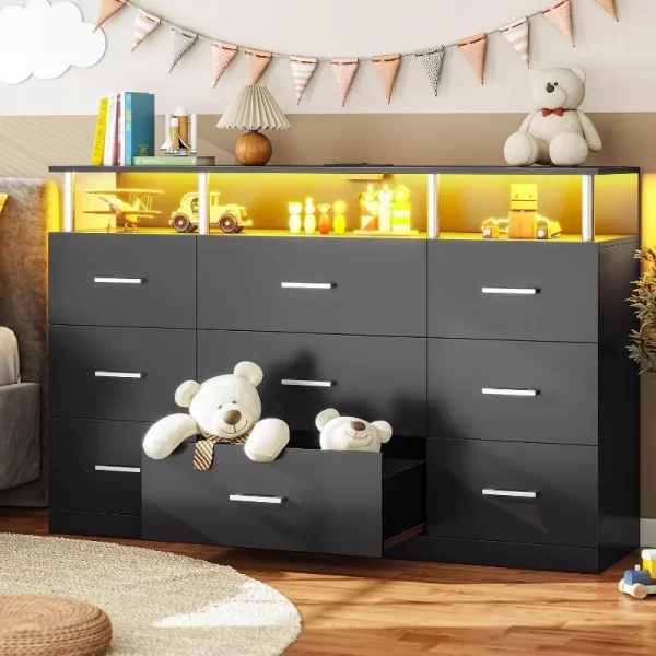 Black Dresser for Bedroom with 9 Drawers, Dressers & Chests of Drawers Column Design Charging Station - Image 6