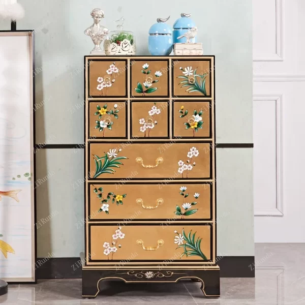 ~2024 new new Chinese-style painted flower and bird bedroom multi-drawer storage locker solid wood sofa corner cabinet - Image 8