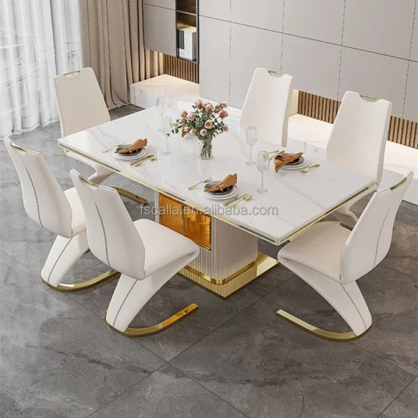 Luxury slate marble modern stainless steel rectangular white dining room table set with 6 seater restaurant 4 chair furniture - Image 8