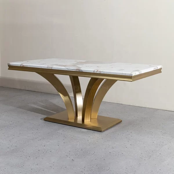 high end custom wholesale modern luxury marble dinning table medium gold plated trimming gloss dining table with chair 6 seater - Image 6