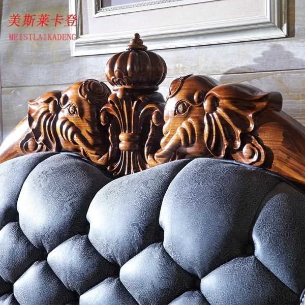 1Ugyen Wood Luxury Elephant Carved Big Bed European Style Villa Bedroom Leather Double Bed - Image 4