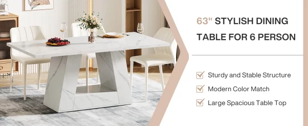 Dining Table for 6 People, 63" Rectangular Dining Room Table, Modern Wooden Faux Marble Dinner with Sturdy Base for Kitchen, - Image 10