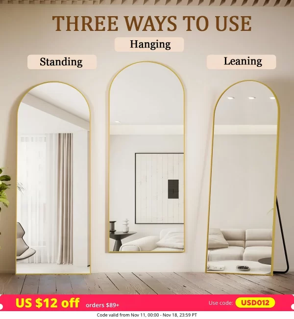 Arched Full Length Mirror, 71"x26" Full Body Floor Mirror Standing Hanging or Leaning Wall, Full Body Mirror with Stand - Image 5