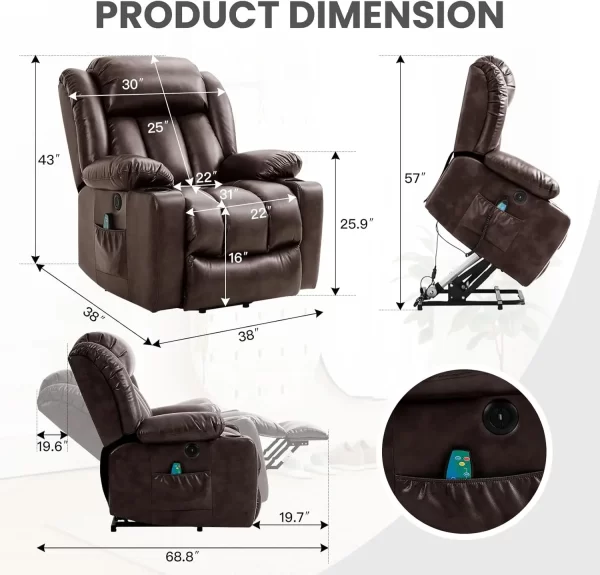 Power Lift Recliner Chair for Elderly with Massage and Heat, 2 Cup Holders, USB Ports,Remote Controls - Image 2