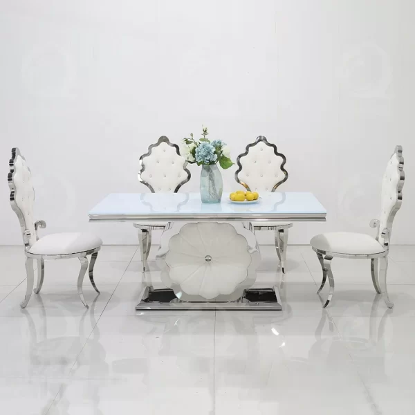 Modern flower stainless steel dinning table set dining room furniture with 8 chairs white gloss glass dining tables - Image 2