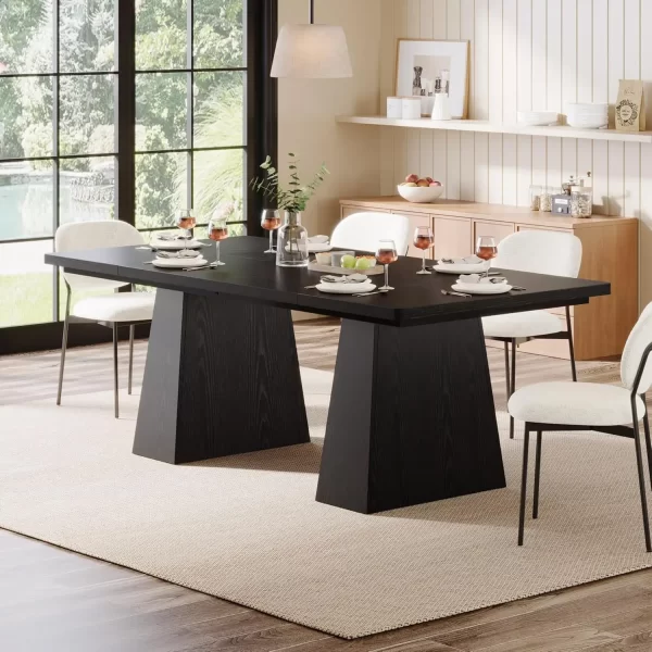 63-Inch Black Dining Table for 4-6, Modern Kitchen Table with Sturdy Tapered Wood Legs, Rectangular Dinner Table with Large - Image 7