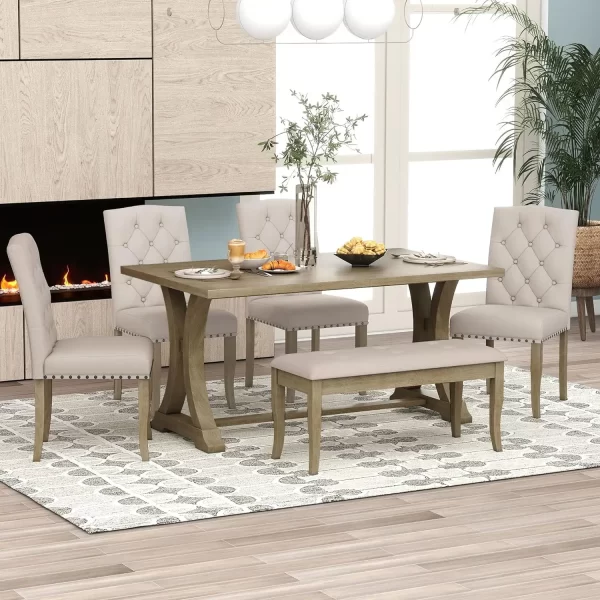 6-Piece Dining Table Set For 6 Rectangular Kitchen Table Set With 4 Upholstered Chairs And Bench Farmhouse Dining Room Set With