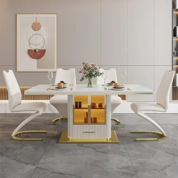 Luxury slate marble modern stainless steel rectangular white dining room table set with 6 seater restaurant 4 chair furniture - Image 3