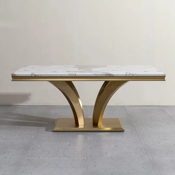 high end custom wholesale modern luxury marble dinning table medium gold plated trimming gloss dining table with chair 6 seater - Image 5