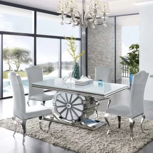 Modern flower stainless steel dinning table set dining room furniture with 8 chairs white gloss glass dining tables